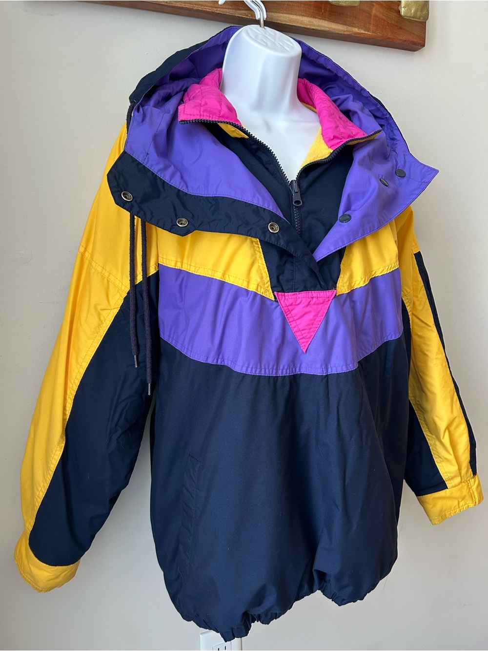 Vintage 90s Neon Colorblock Ski Jacket Retro Apres Ski Anorak Oversized - Picture 3 of 14